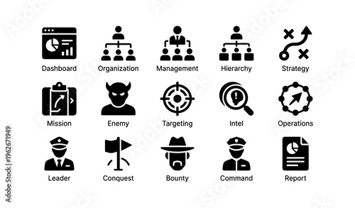 Military strategy and command icons set for planning and leadership