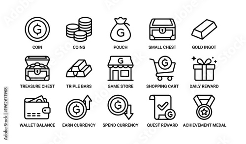 Icon set: gaming currency and rewards symbols for online games