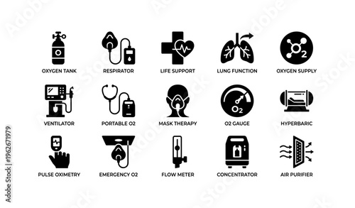 Medical equipment icons: respirator, ventilator, oxygen tank, mask, lung function