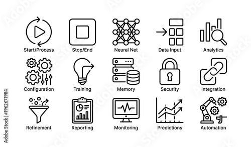 Icons representing neural networks, data analytics, and automation processes