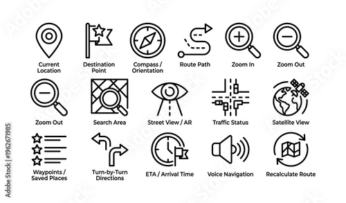 Gps navigation icons: maps, compass, directions, satellite, voice navigation