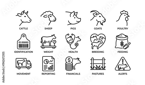 Livestock management icons: cattle, sheep, pigs, goats, poultry for farming guides