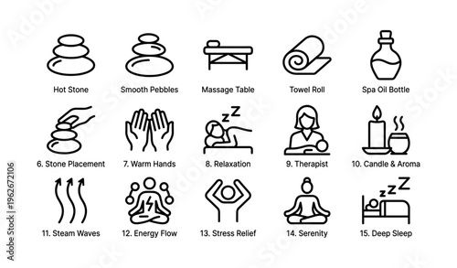 Spa and relaxation icons with massage and wellness elements