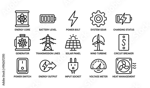 Energy management icons: power sources, charging, circuits, and output systems
