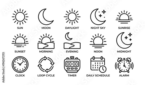 Sun and moon icons: daylight, night sky, time cycles, clock, timer, daily schedule, alarm