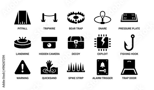 Set of iconic cartoonish trap symbols with pitfall and hidden camera illustrations