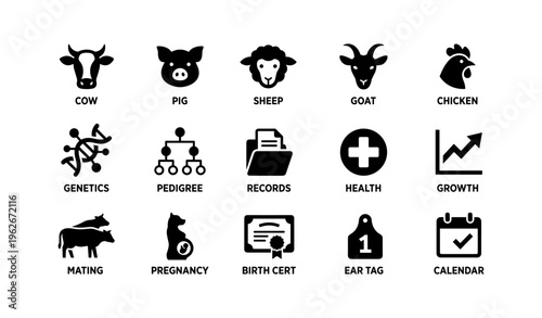 Farm animal management icons for genetics health and growth tracking