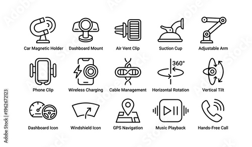 Car accessory icons for phone mounting and charging solutions