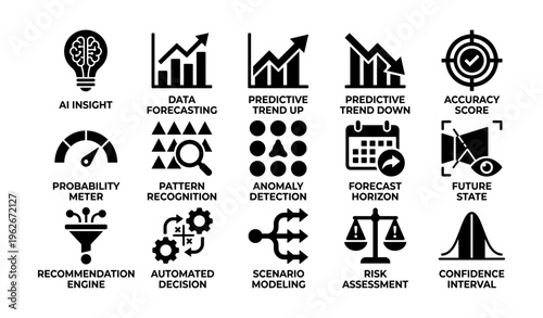 Collection of icons representing ai insight, data forecasting, and predictive analysis tools