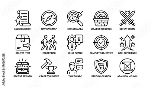 Game icons: mission assign, combat, puzzle, craft, and explore adventures
