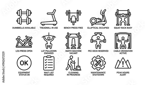 Gym equipment status icons: availability and maintenance indicators