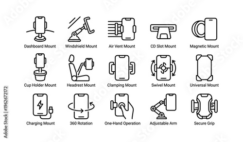 Various smartphone mounts for cars including dashboard and windshield options