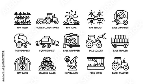 Farm equipment icons: baler, tractor, hay rake, and more