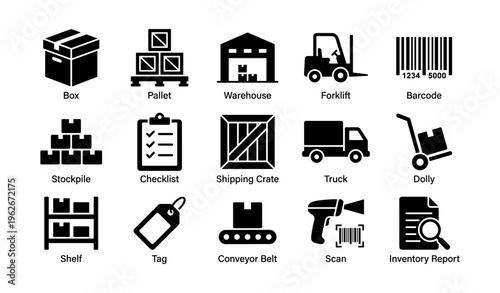 Industrial icons including box, pallet, warehouse, forklift, barcode, and more logistics symbols