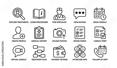 Healthcare icons set: treatment, consultation, medical records, virtual visit