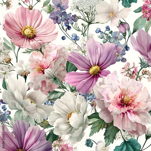 Elegant Watercolor Floral Seamless Pattern: Delicate Hand-Drawn Blossoms in Pink, Purple, White, and Blue with Lush Greenery