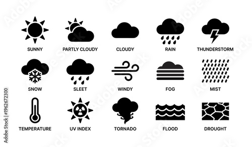 Weather icons set: sunny, rain, snow, thunderstorm, and more