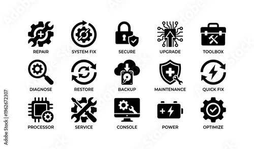 Technical support icons: repair, system fix, secure, upgrade, toolbox, quick fix