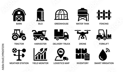 Farm equipment icons: barn, silo, greenhouse, drone, tractor