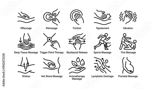 Illustrated massage techniques: effleurage, shiatsu, aromatherapy, prenatal, sports