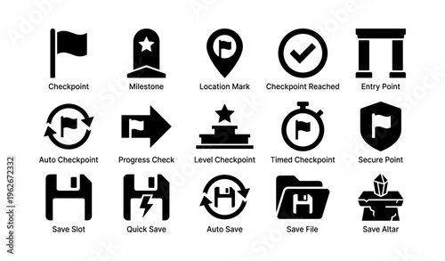 Gaming symbols—checkpoint, save slot, secure point, level checkpoint, auto save icons