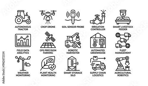 Agriculture technology icons: automation, drones, robotics, sensors, management