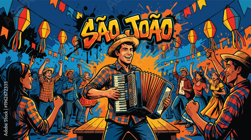 Sao Joao Festival with Happy Accordion Player and Festive Crowd