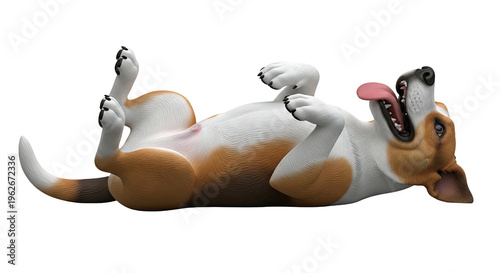 Happy dog rolling on its back with tongue out