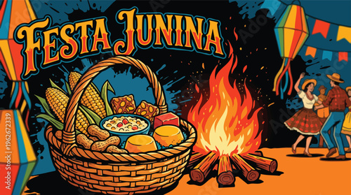 Festa Junina Celebration with Bonfire People Dancing and Basket of Treats