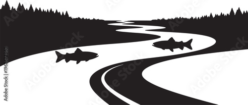Black and white illustration of fish in a winding river