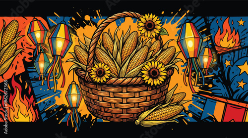 Fiesta Scene with Corn Basket Sunflowers and Lanterns
