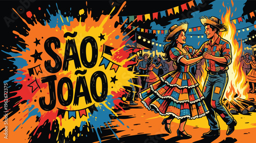 Sao Joao Celebration Couple Dancing Quadrilha by Bonfire with Colorful Splatters
