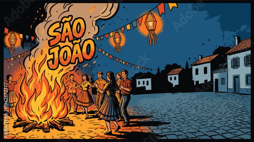 Sao Joao Festival Bonfire in Village Square with Dancing People