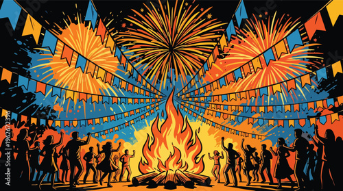 So Joo Celebration with Large Bonfire Fireworks and Paper Flags