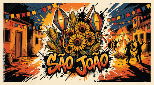 So Joo Festival Village Scene with Sunflowers Corn Lanterns and Dancing People