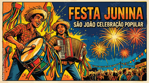 Sao Joao Festival with Musicians and Fireworks Illustration Festivity Celebration