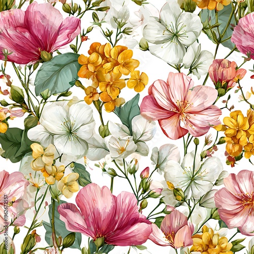 Vibrant Watercolor Floral Seamless Pattern: Hand-Drawn Pink, White, and Yellow Flowers with Lush Green Leaves, Elegant Botanical Design for Textiles and Decor