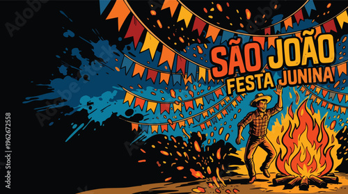 Sao Joao Festa Junina Celebration with Man Dancing by Bonfire Festive Banner