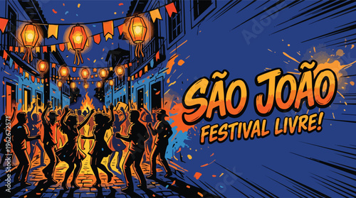 Sao Joao Festival Street Party with Lanterns Banners and Dancing Silhouettes