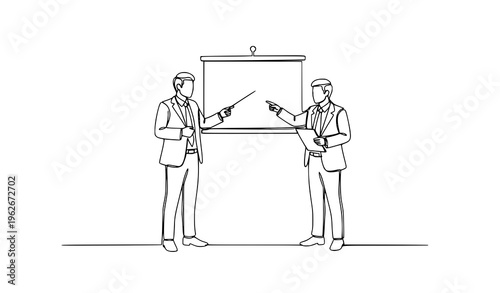 Continuous line drawing business manager teaching apprentice work meeting presentation vector illustration