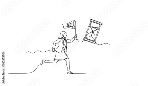 One line drawing businesswoman chasing hourglass deadline project speed concept vector illustration