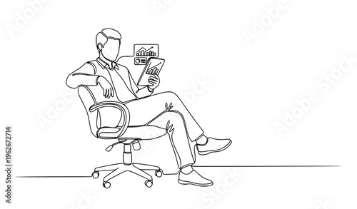One line drawing businessman reviewing data on tablet relaxed analysis office concept vector illustration