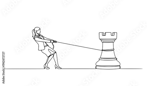 Minimalist continuous line businesswoman pulling chess rook business strategy success vector illustration