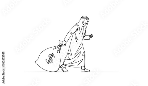 Minimalist continuous line Arabian businessman pulling money bag financial success challenge vector illustration