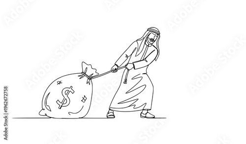 Continuous line drawing Arabian businessman pulling money bag business challenge competition concept vector