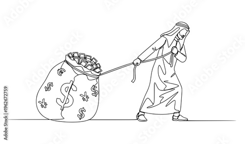 One line drawing Arabian businessman dragging money sack financial pressure competition vector illustration