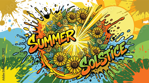 Summer Solstice Artwork with Sunflowers Abstract Splatter Design