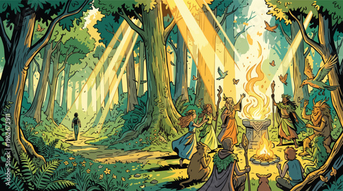 Summer Solstice Forest Ceremony with Druids and Mystical Creatures Celebrating