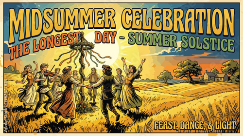 Summer Solstice Celebration Poster with Dancing People and Maypole in Golden Field