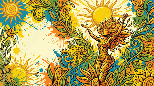 Summer Solstice Goddess Adorned with Vibrant Sun and Abstract Paint Splatters